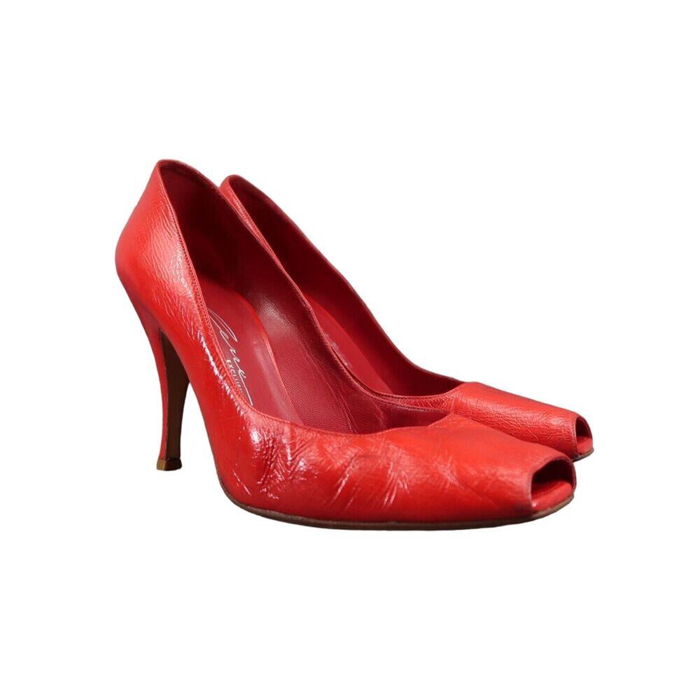 Lerre Shoes Womens 38.5 Pump Peep Toe Fashion Leather Red Stiletto Classic Retro